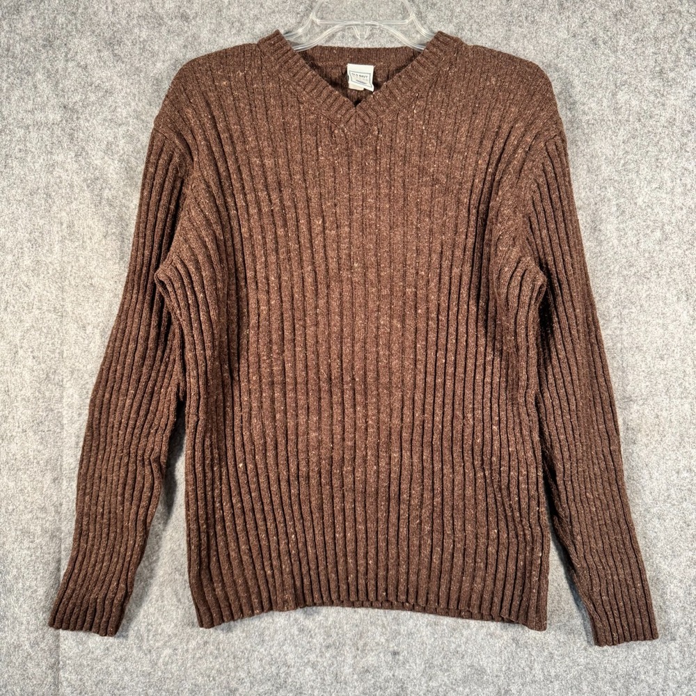 Y2K Vtg Old Navy Ribbed Knit V-Neck Sweater Womens Large Brown Merino Wool Cabin